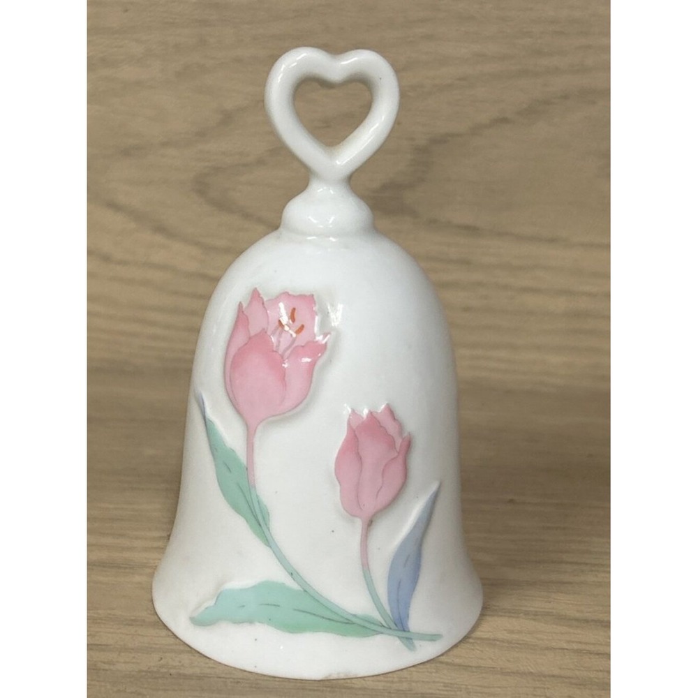 Vintage Japanese Porcelain Bell with pink blue tulip decals heart-shaped handle